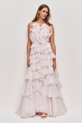 Fırfırlı lace tiered maxi formal dress - Pink