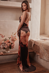 Mariamma Maxi Dress - Dark Brown Floral Satin