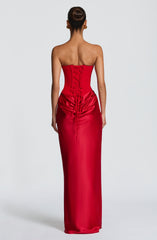 Maggie Strapless Pleated Maxi Evening Dress - Red
