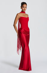 Maggie Strapless Pleated Maxi Evening Dress - Red