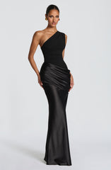 Sadona Maxi Dress - Black Satin One Shoulder