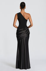 Sadona Maxi Dress - Black Satin One Shoulder
