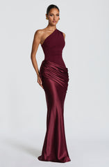 Sadona Maxi Dress - Cherry Lacquer Satin One-Shoulder
