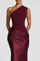 Sadona Maxi Dress - Cherry Lacquer Satin One-Shoulder