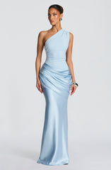 Sadona Maxi Dress - Glacier Blue Satin One-Shoulder