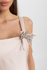 Satin Mini Dress with Crystal Bow Strap Detail Blush