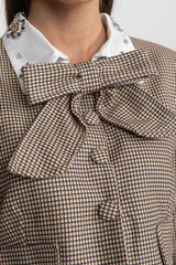 Checked Tailored Co-Ord Set with Statement Bow Detail Beige