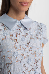 Floral Lace Mini Dress with Satin Collar Light Blue
