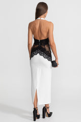 Halter Maxi Dress with Contrast Lace Panels White