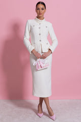 Textured Midi Dress With High Neck Jacket And Crystal Button Detail - White