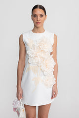 Sleeveless Mini Dress With Round Neckline And 3D Floral Appliqu - White