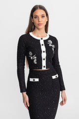 Embroidered Tweed Knit Co-Ord Set with Contrast Trim Black