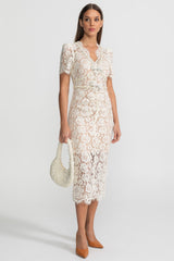 Embellished Lace Midi Dress With Bow Detailing Ivoire