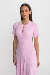 Knit Button-Front Midi Dress with Scalloped Sleeves Pink