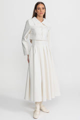 Pearl-Embellished Co-Ord Set with Cropped Jacket and Full Skirt White