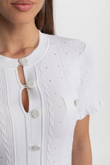 Knit Button-Front Midi Dress with Scalloped Sleeves White