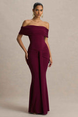 Envisioned Maxi Dress - Burgundy Bardot Neck Gathered