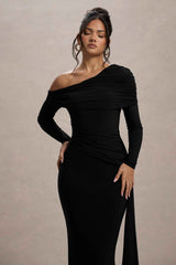 Valina Maxi Dress - Black Ruched Asymmetric