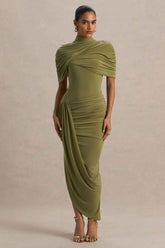 Enchant Midi Dress - Olive Asymmetric Cape