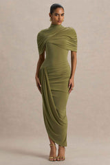 Enchant Midi Dress - Olive Asymmetric Cape