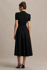 Vicky Midi Dress - Black High Neck Puff Sleeves