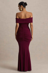 Envisioned Maxi Dress - Burgundy Bardot Neck Gathered