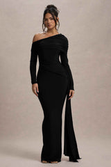 Valina Maxi Dress - Black Ruched Asymmetric