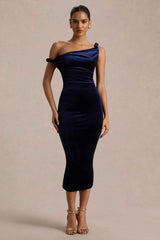 Carella Midi Dress - Navy Velvet Asymmetric