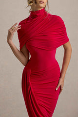 Enchant Midi Dress - Red Asymmetric Cape