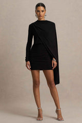 Black Long-Sleeve Mini Dress With Cape Sleeve