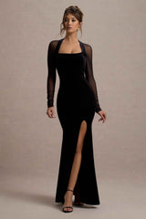 Apres Maxi Dress - Black Velvet Sheer Sleeves