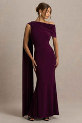 Dark Plum Asymmetric-Neck Maxi Dress With Draped Detail