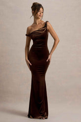 Neeka Maxi Dress - Brown Velvet Asymmetric