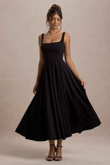 Parina Midi Dress - Black Strappy Pleated