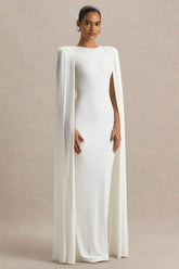 White Slashed-Neck Maxi Dress With Cape Sleeve Detail