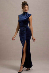 Abilene Maxi Dress - Navy Velvet High-Neck