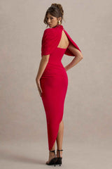 Enchant Midi Dress - Red Asymmetric Cape