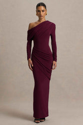 Perrie Maxi Dress - Burgundy Asymmetric Ruched