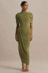 Enchant Midi Dress - Olive Asymmetric Cape