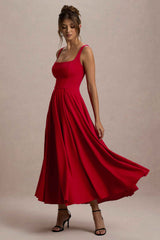 Parina Midi Dress - Red Strappy Pleated