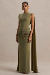 Olive Boat-Neck Maxi Dress With Cape-Sleeves And Open-Back