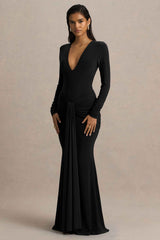 Black Extreme-Plunge Wrap Maxi Dress With Long-Sleeves And Ruched Detailing