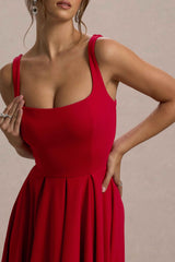 Parina Midi Dress - Red Strappy Pleated
