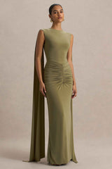 Olive Boat-Neck Maxi Dress With Cape-Sleeves And Open-Back