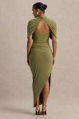 Enchant Midi Dress - Olive Asymmetric Cape