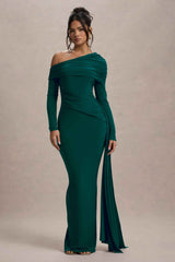Valina Maxi Dress - Green Ruched Asymmetric