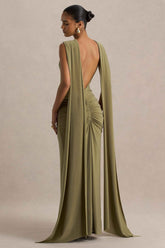 Olive Boat-Neck Maxi Dress With Cape-Sleeves And Open-Back