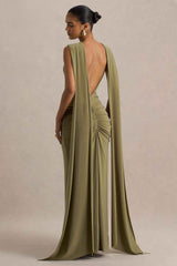 Olive Boat-Neck Maxi Dress With Cape-Sleeves And Open-Back