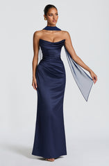Vessa Maxi Dress - Navy Satin Strapless