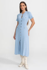 Knit Button-Front Midi Dress with Scalloped Sleeves Baby Blue